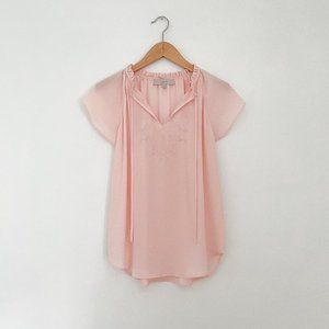 Loft Sheer Light Pink Embroidered Flutter Sleeve Top Size XS
